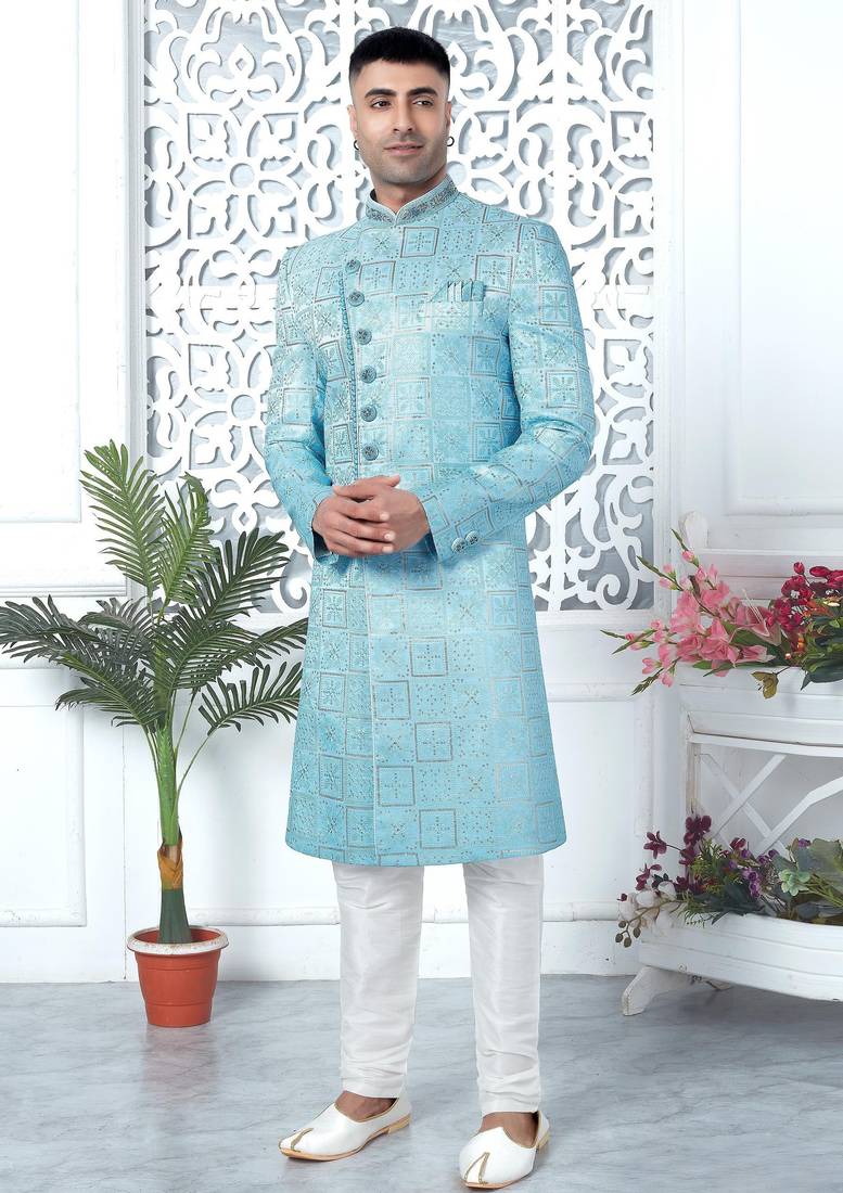 blue computer thread work on art silk sherwani for men 