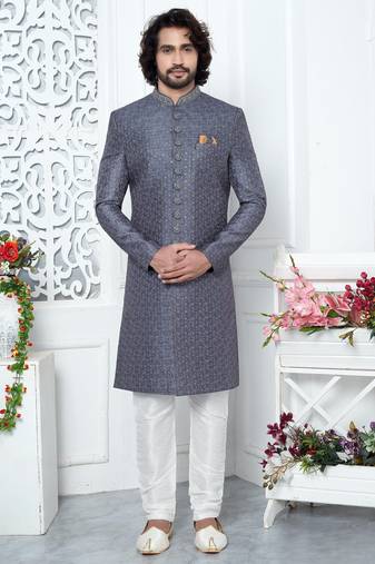 grey computer thread work on art silk sherwani for men 