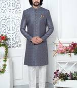 grey computer thread work on art silk sherwani for men 
