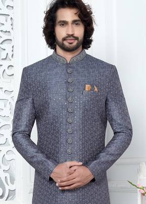 grey computer thread work on art silk sherwani for men  2