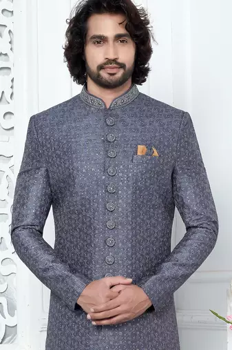 grey computer thread work on art silk sherwani for men 