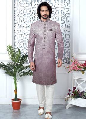 purple computer thread work on art silk sherwani for men  4