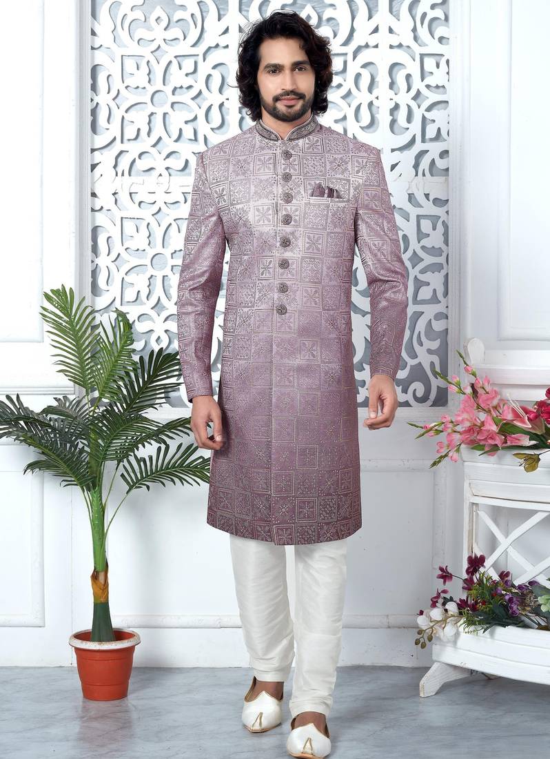 purple computer thread work on art silk sherwani for men 