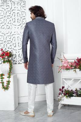 grey computer thread work on art silk sherwani for men  3