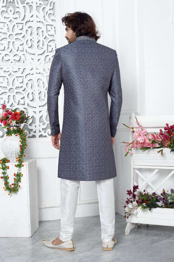 grey computer thread work on art silk sherwani for men 