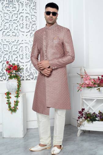 onion pink computer thread work on art silk sherwani for men 