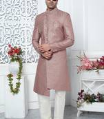 onion pink computer thread work on art silk sherwani for men 