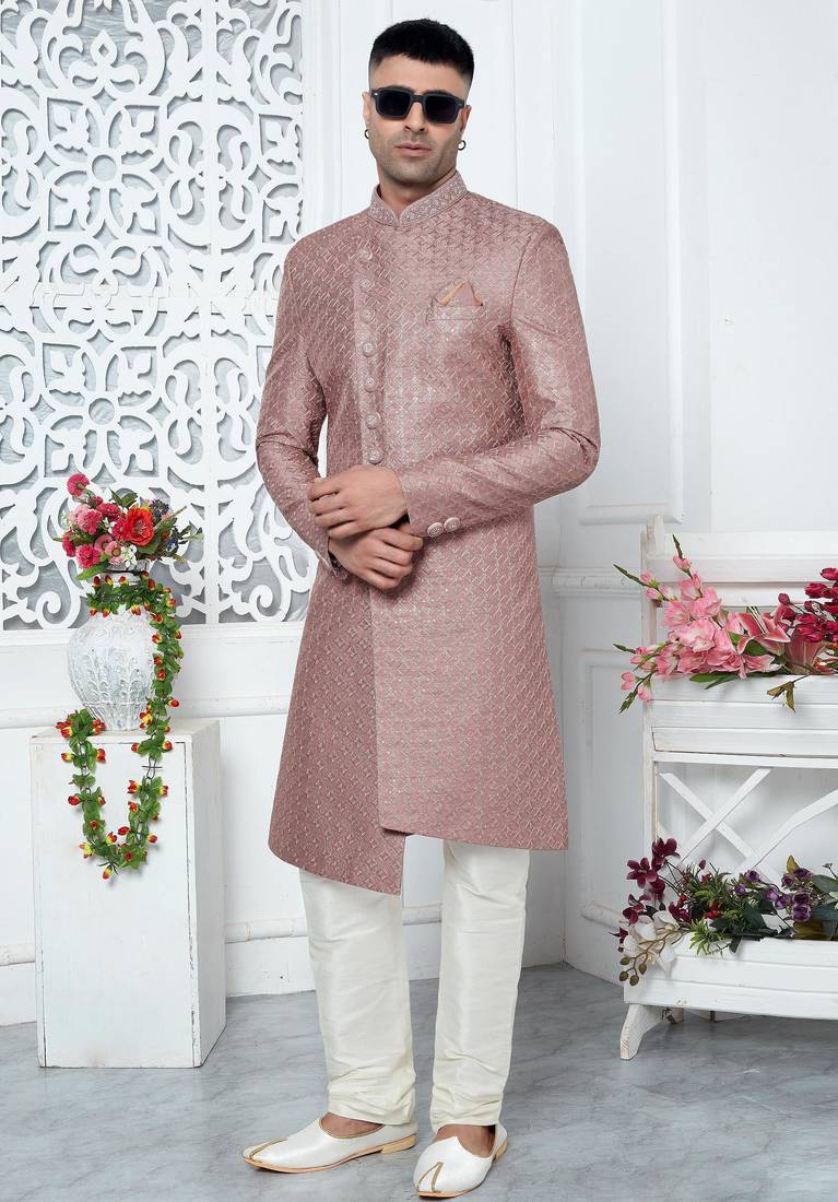 onion pink computer thread work on art silk sherwani for men 