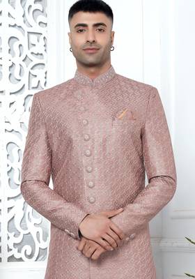 onion pink computer thread work on art silk sherwani for men  3