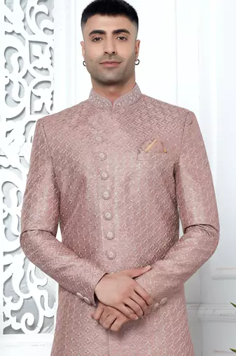 onion pink computer thread work on art silk sherwani for men 