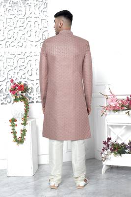 onion pink computer thread work on art silk sherwani for men  4