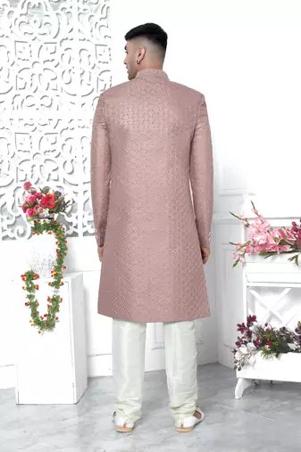 onion pink computer thread work on art silk sherwani for men 