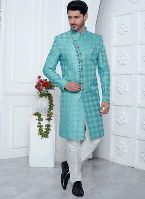 blue computer thread work on art silk sherwani for men  1