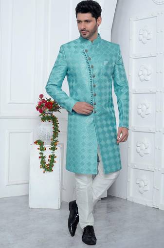 blue computer thread work on art silk sherwani for men 