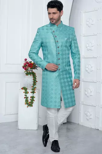 blue computer thread work on art silk sherwani for men 