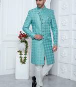 blue computer thread work on art silk sherwani for men 