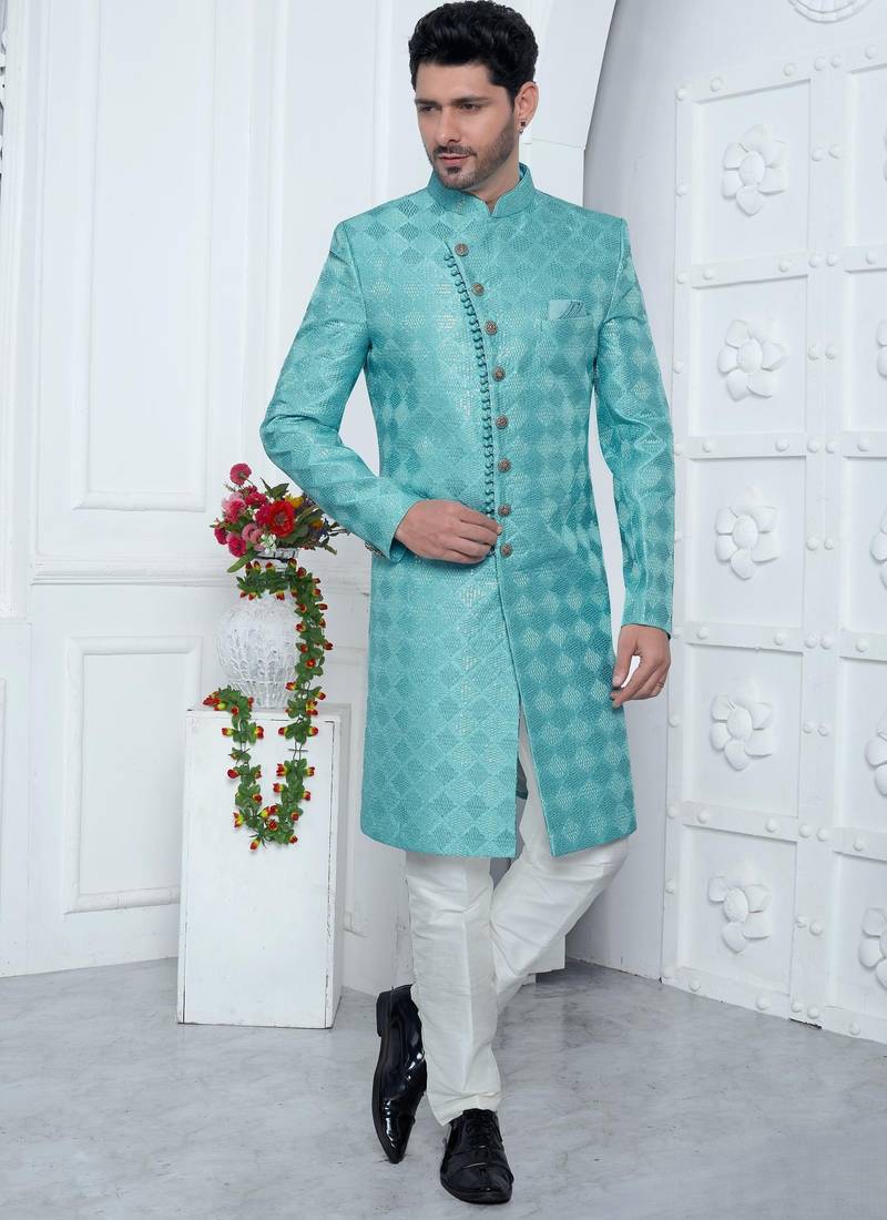 blue computer thread work on art silk sherwani for men 