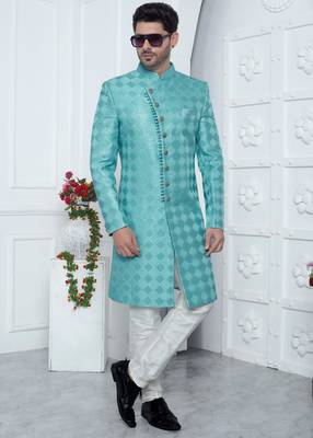 blue computer thread work on art silk sherwani for men  2