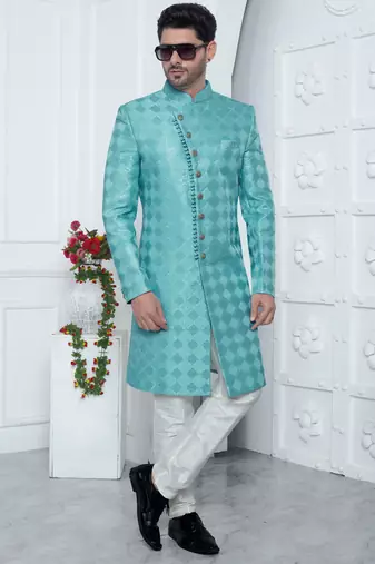 blue computer thread work on art silk sherwani for men 
