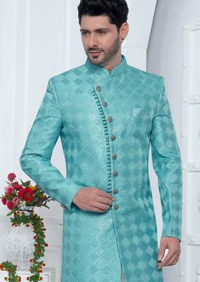 blue computer thread work on art silk sherwani for men  3