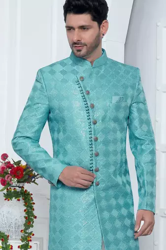 blue computer thread work on art silk sherwani for men 