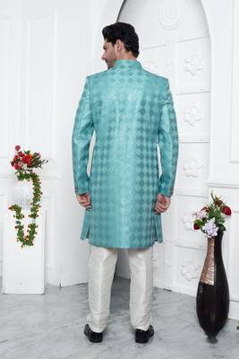 blue computer thread work on art silk sherwani for men  4