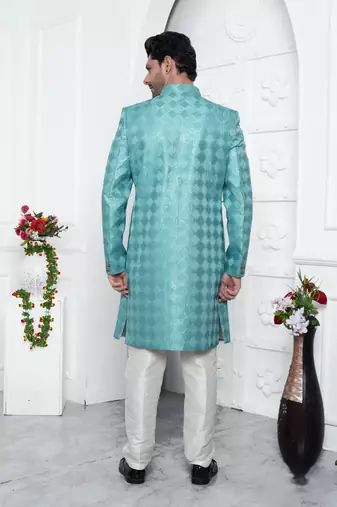 blue computer thread work on art silk sherwani for men 