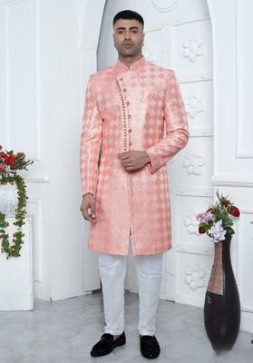 peach computer thread work on art silk sherwani for men  1