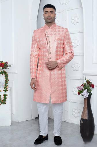 peach computer thread work on art silk sherwani for men 