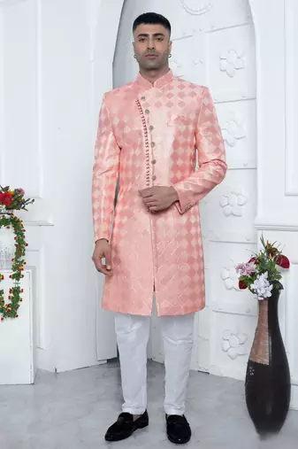 peach computer thread work on art silk sherwani for men 