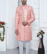 peach computer thread work on art silk sherwani for men 