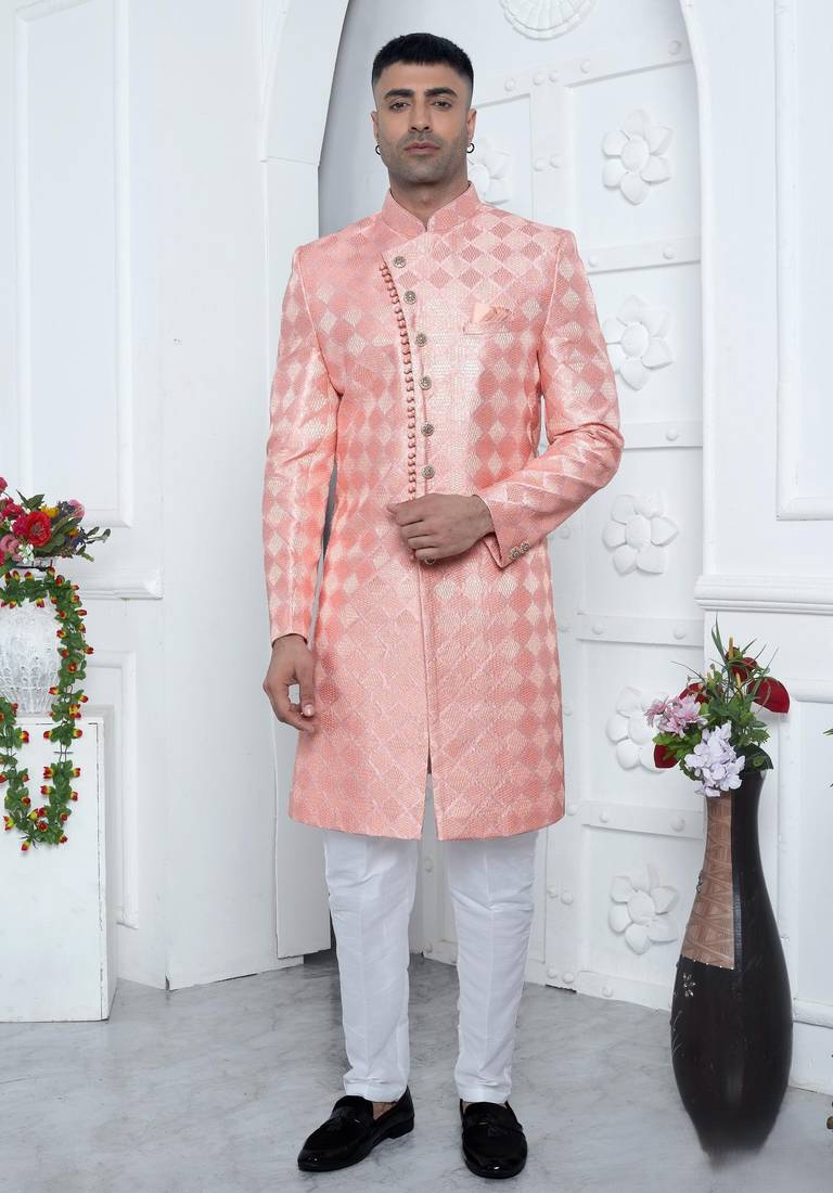 peach computer thread work on art silk sherwani for men 