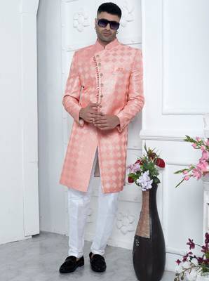 peach computer thread work on art silk sherwani for men  2