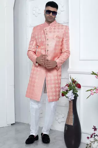 peach computer thread work on art silk sherwani for men 