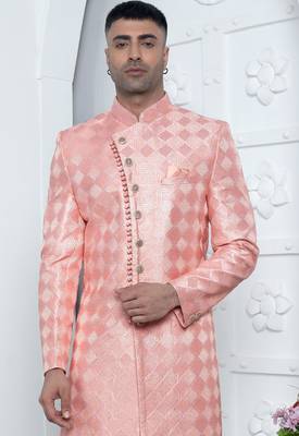 peach computer thread work on art silk sherwani for men  3