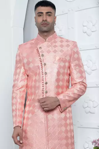 peach computer thread work on art silk sherwani for men 