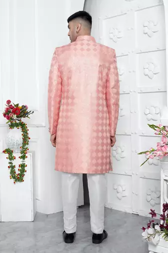 peach computer thread work on art silk sherwani for men 