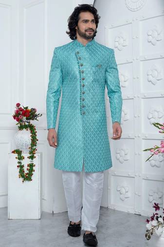 blue computer thread work on art silk sherwani for men 