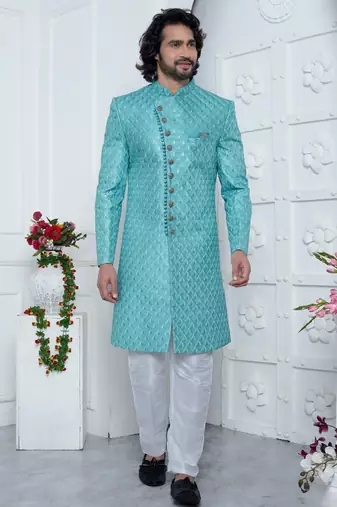 blue computer thread work on art silk sherwani for men 
