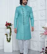 blue computer thread work on art silk sherwani for men 