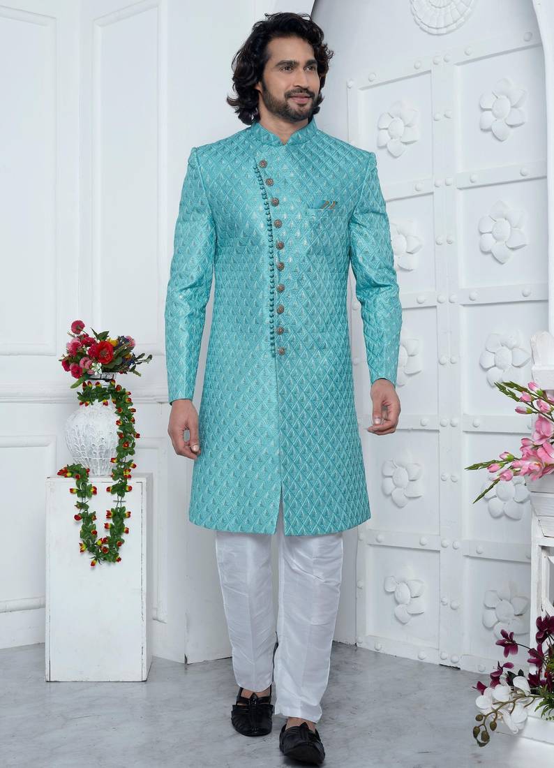 blue computer thread work on art silk sherwani for men 