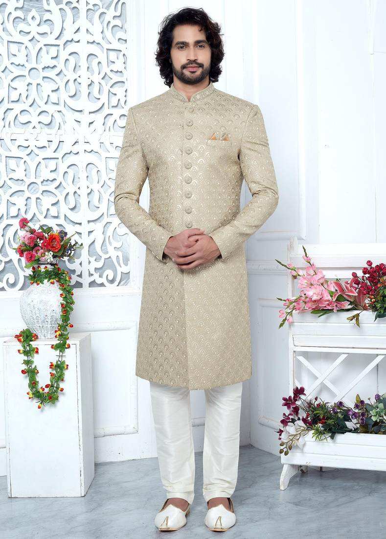 beige computer thread work on art silk sherwani for men 