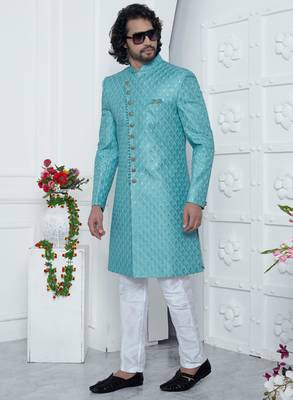 blue computer thread work on art silk sherwani for men  2