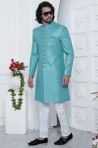 blue computer thread work on art silk sherwani for men 