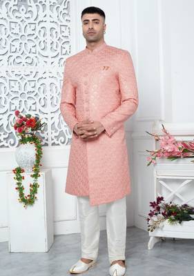 peach computer thread work on art silk sherwani for men  4