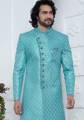 blue computer thread work on art silk sherwani for men  3