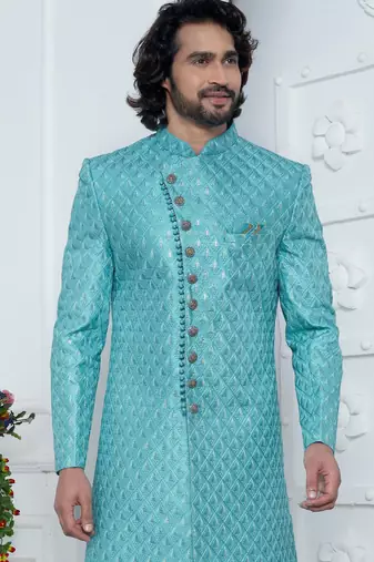 blue computer thread work on art silk sherwani for men 