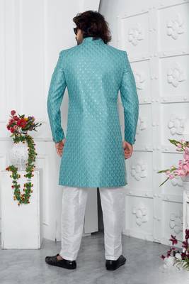 blue computer thread work on art silk sherwani for men  4