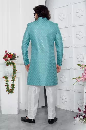 blue computer thread work on art silk sherwani for men 