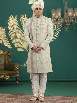 cream computer thread work on art silk sherwani for men  1